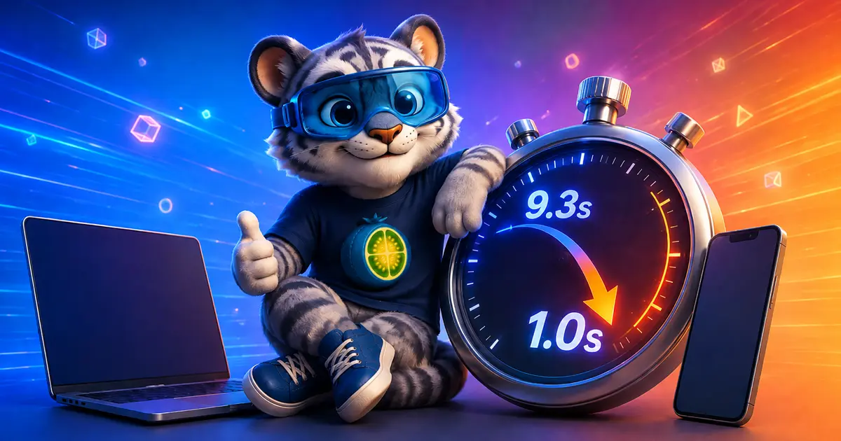 LuloTech tiger cub mascot holding a stopwatch showing website load time dropping from 9.3 to 1 second