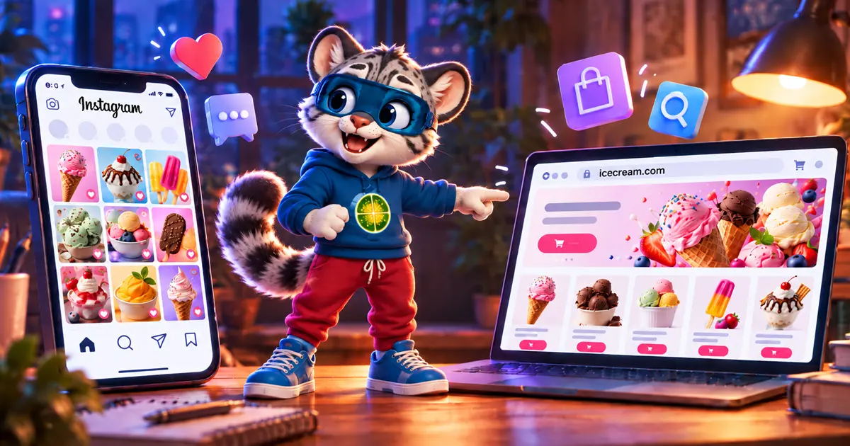 The LuloTech mascot standing between a phone showing an ice cream shop's Instagram feed and a laptop showing the same shop's website, pointing at the website