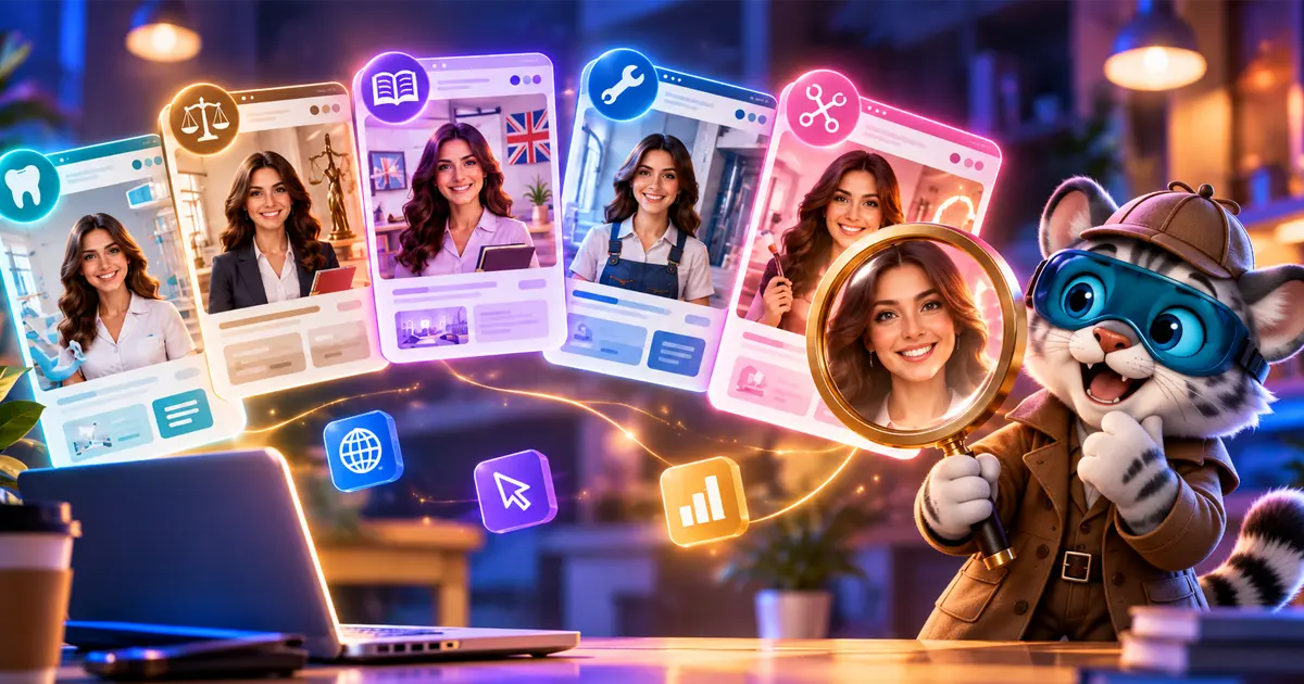 The LuloTech mascot in a detective hat looks through a magnifying glass at five website cards for a dental clinic, a lawyer, an English school, plumbers and a beauty salon, all showing the same smiling woman