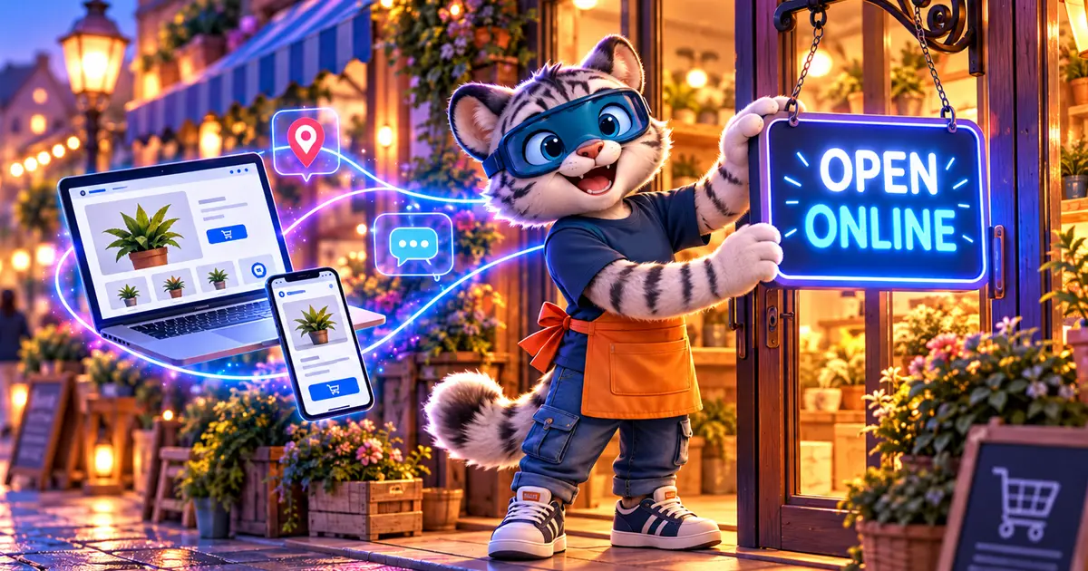 La mascota de LuloTech con delantal naranja cuelga un cartel de neón «Open online» en la puerta de una floristería; a su lado flotan un portátil y un móvil con la web de la tienda, un marcador de mapa y un chat