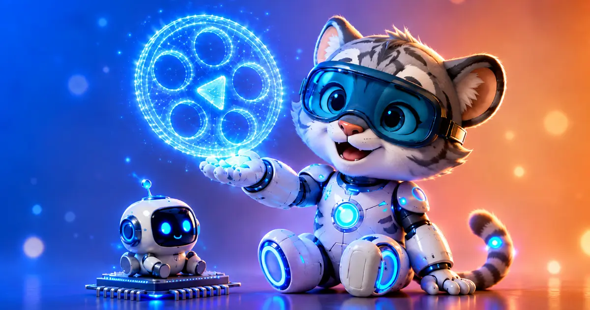 Mascota 3D de LuloTech sosteniendo un ícono de carrete de película brillante — ilustración de video generado con IA