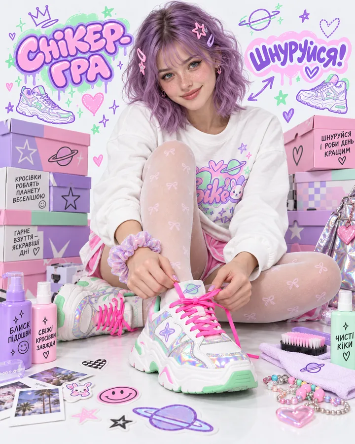 Ad creative for a sneaker shop: a girl with lilac hair lacing holographic sneakers among shoe boxes and stickers, with hand-lettered slogans