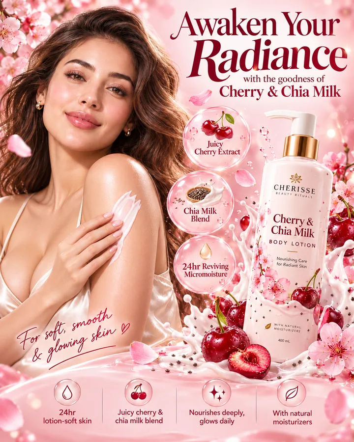 Body lotion ad creative with cherry and chia milk: a smiling woman applying lotion to her shoulder, next to the bottle among cherries, sakura blossoms and milk splashes