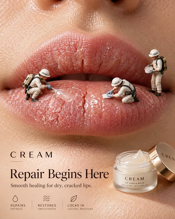 Lip balm ad creative: tiny figures of repair workers in hard hats applying balm to cracked lips in close-up, next to a CREAM jar and the line Repair Begins Here