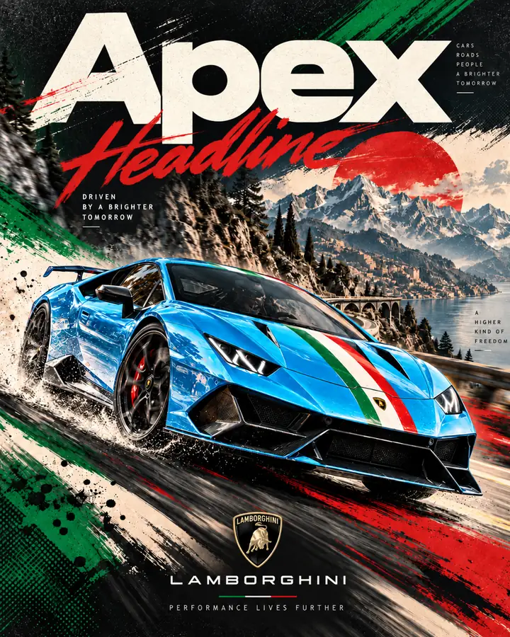 Grunge-style sports car poster: a light blue car with Italian stripes speeding along a mountain road above a lake, with a large Apex headline and a red sun behind