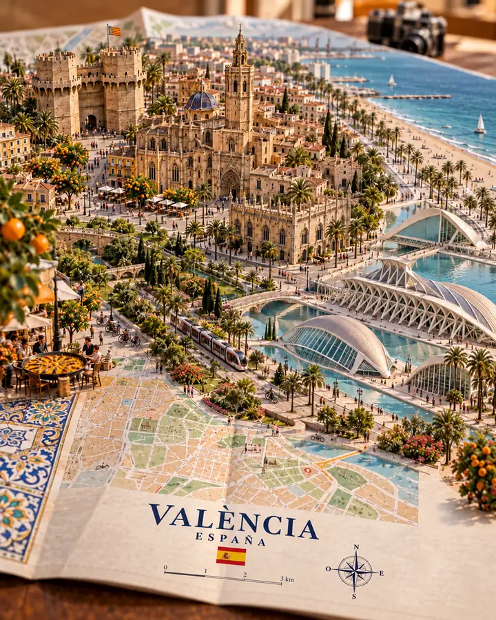 Travel creative for Valencia: a miniature city with the cathedral, Serranos towers, the City of Arts and Sciences and the beach rising out of a paper map labelled València